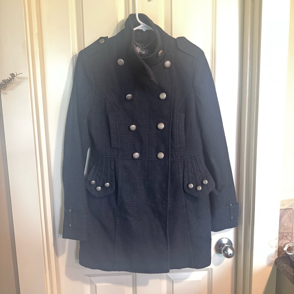 Women's Double-Breasted Black and Navy Plaid Wool Coat